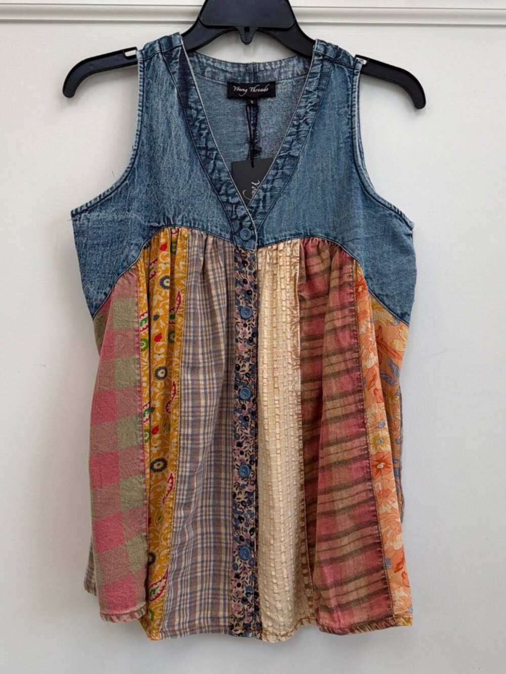 Young Threads Denim Patchwork Button-Front Boho Tunic Top S NWT